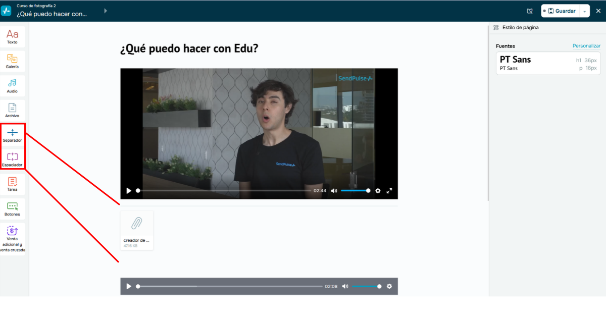 Interfaz del creador de lecciones donde puedes agregar videos, texto, archivos, etc.