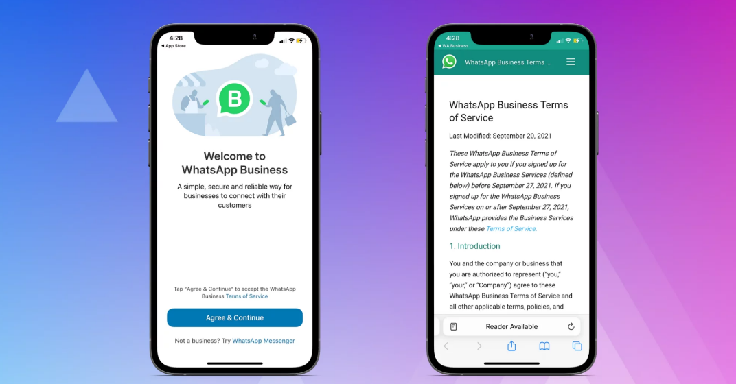Pantalla de teléfono mostrando los términos y condiciones de WhatsApp Business