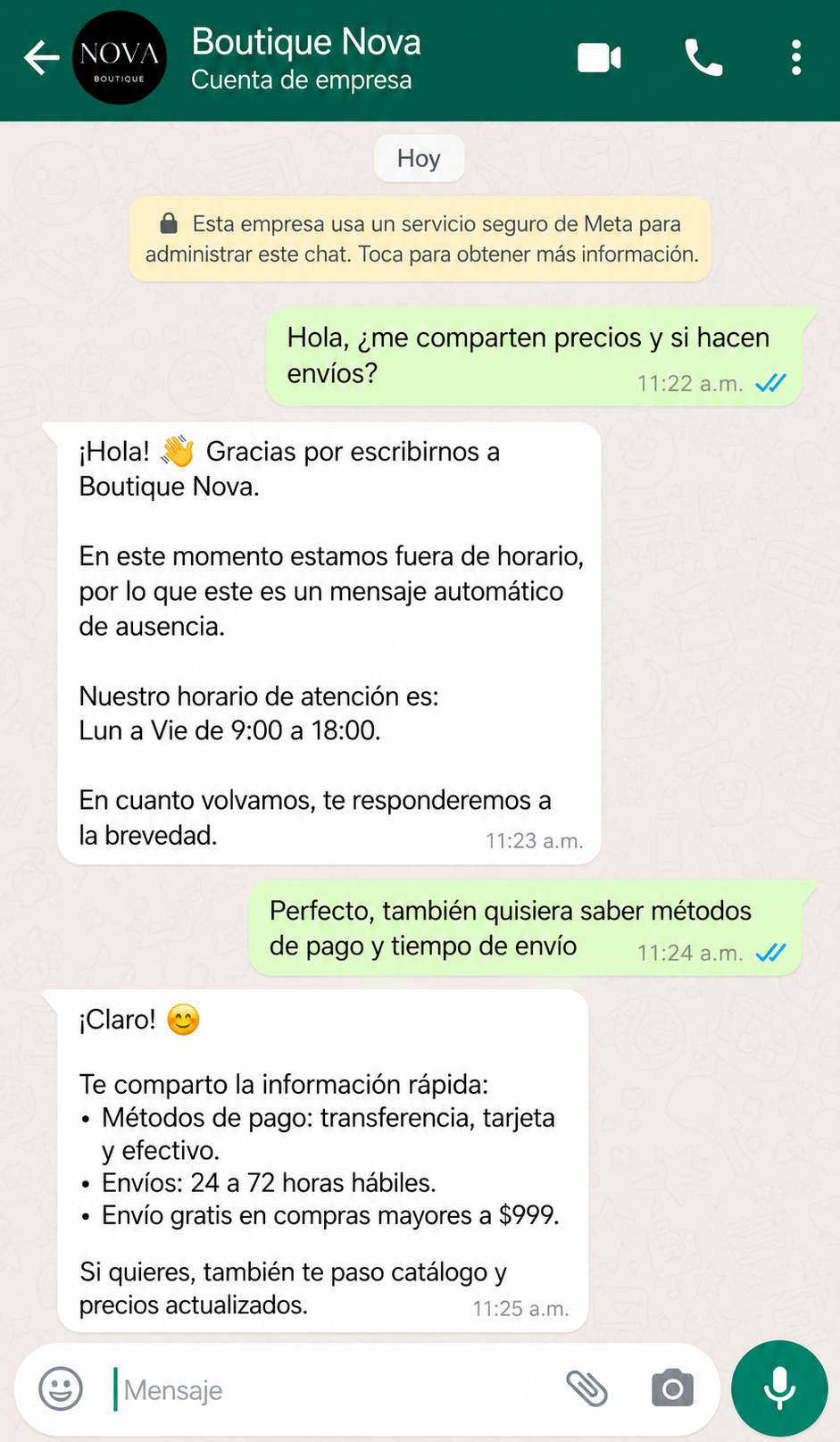Ejemplo de un mensaje de ausencia en WhatsApp Business