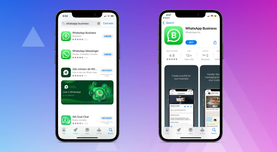 Celulares mostrando la app de WhatsApp Business en IOS