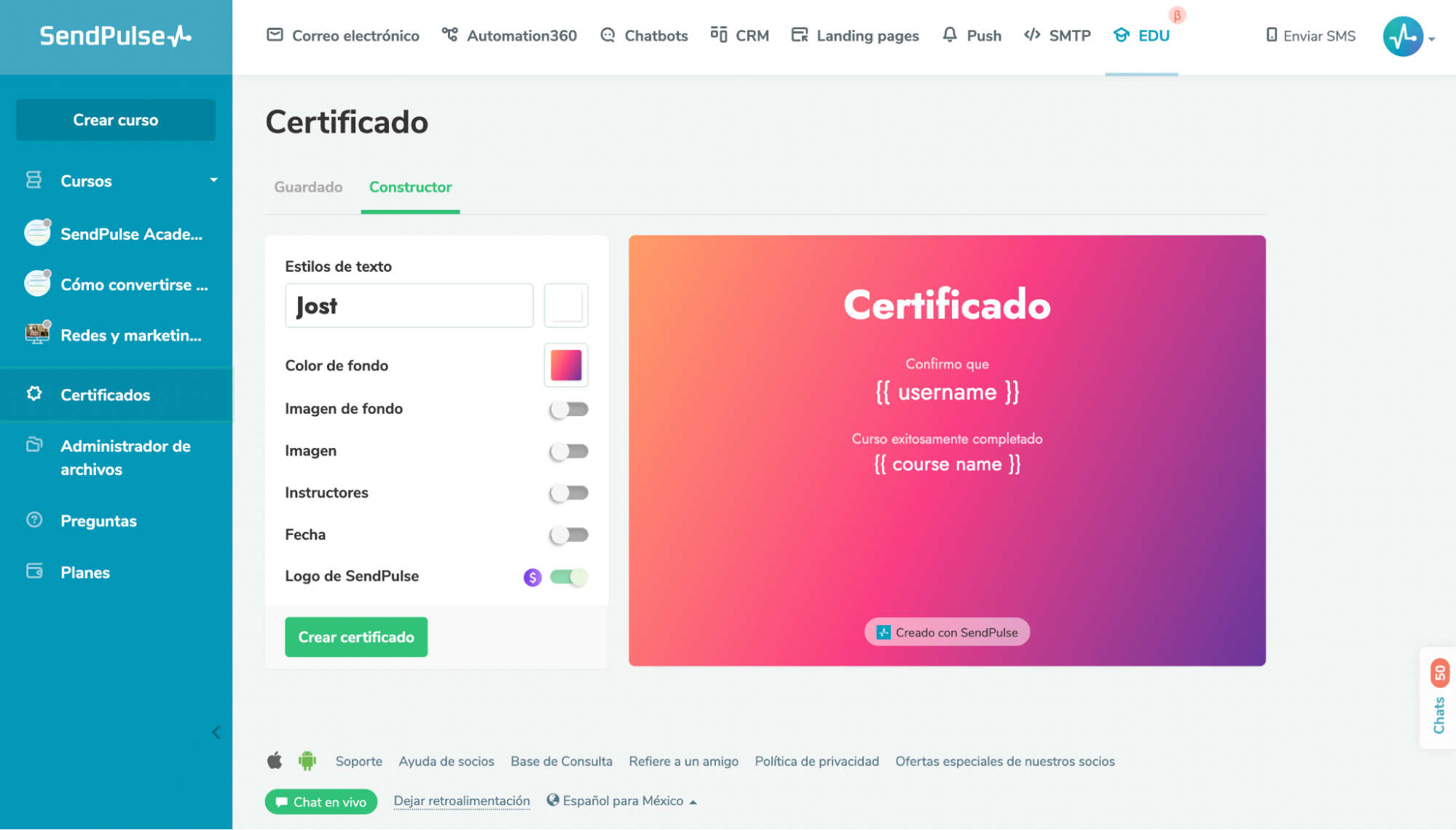 SendPulse te permite hacer certificados de manera automática SendPulse te permite hacer certificados de manera automática