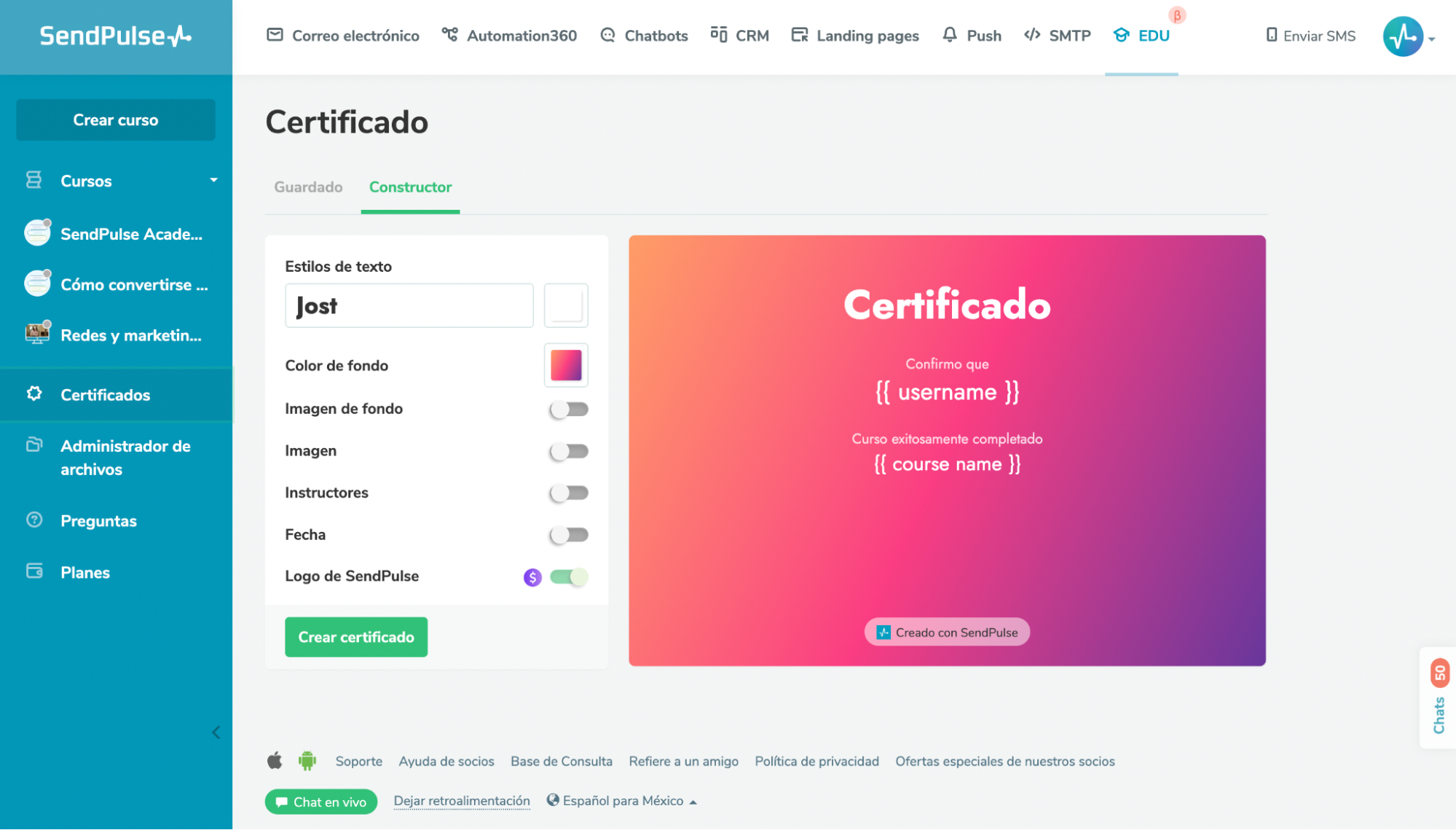SendPulse te permite hacer certificados de manera automática