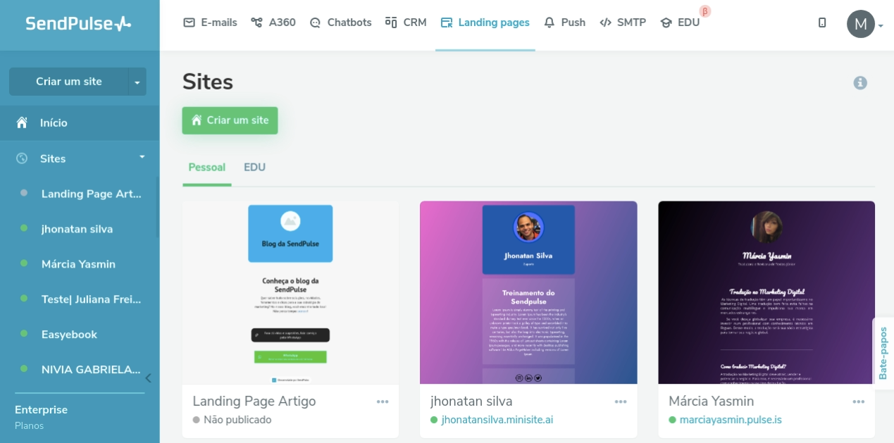 Seção“Landing Pages” da interface da SendPulse. Seção “Landing Pages” da interface da SendPulse