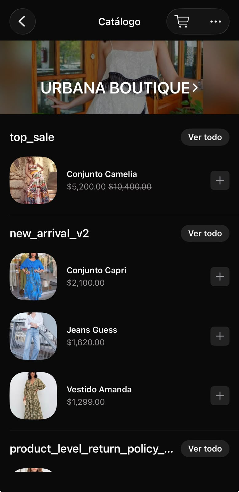 Muestra de un catálogo de una boutique en WhatsApp Business