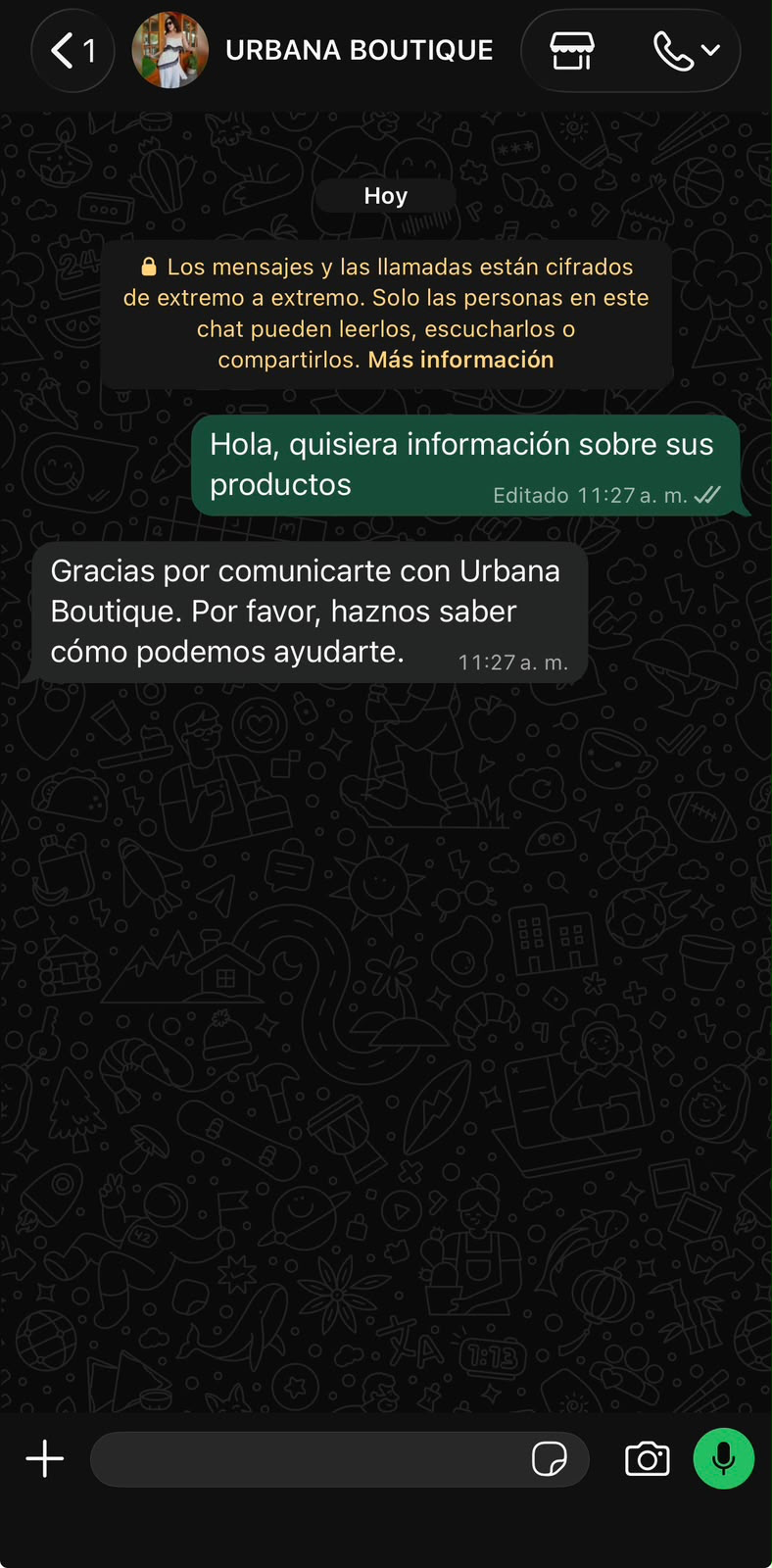 Ejemplo de un mensaje automatico de bienvenida en WhatsApp Business