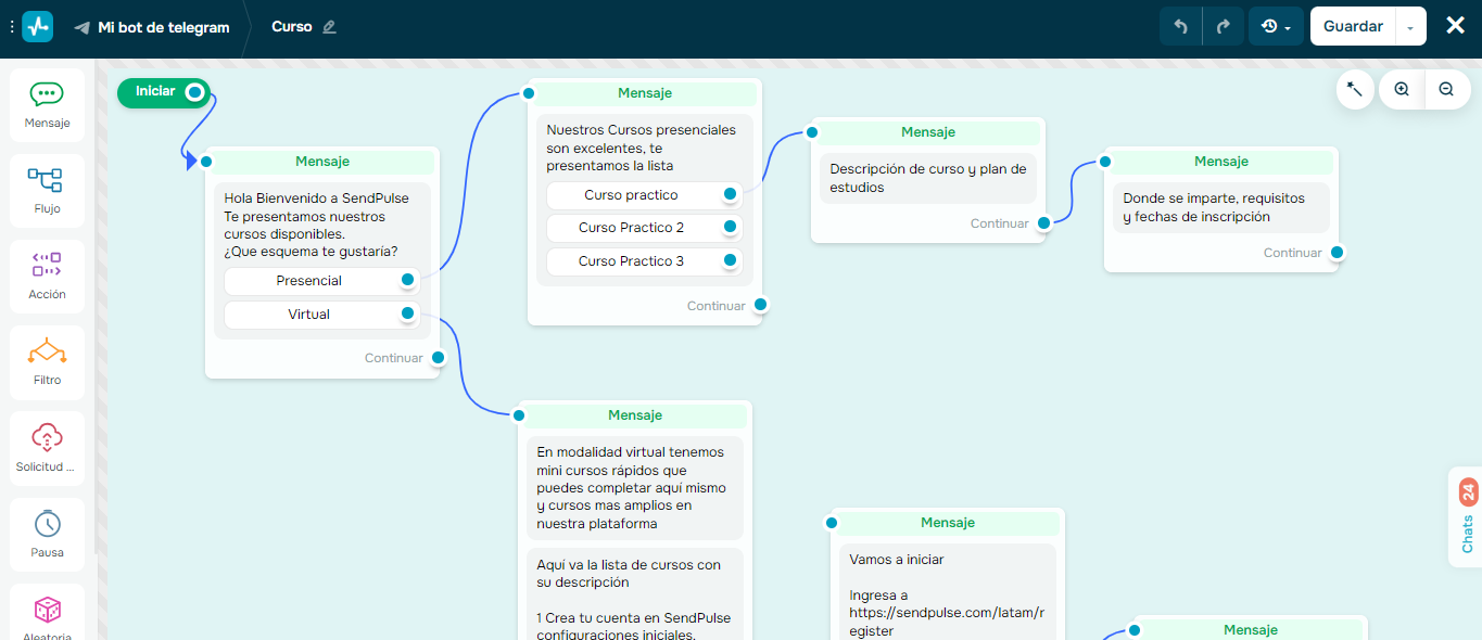 El editor de arrastrar y soltar de SendPulse es una forma fácil para diseñar tu chatbot WhatsApp