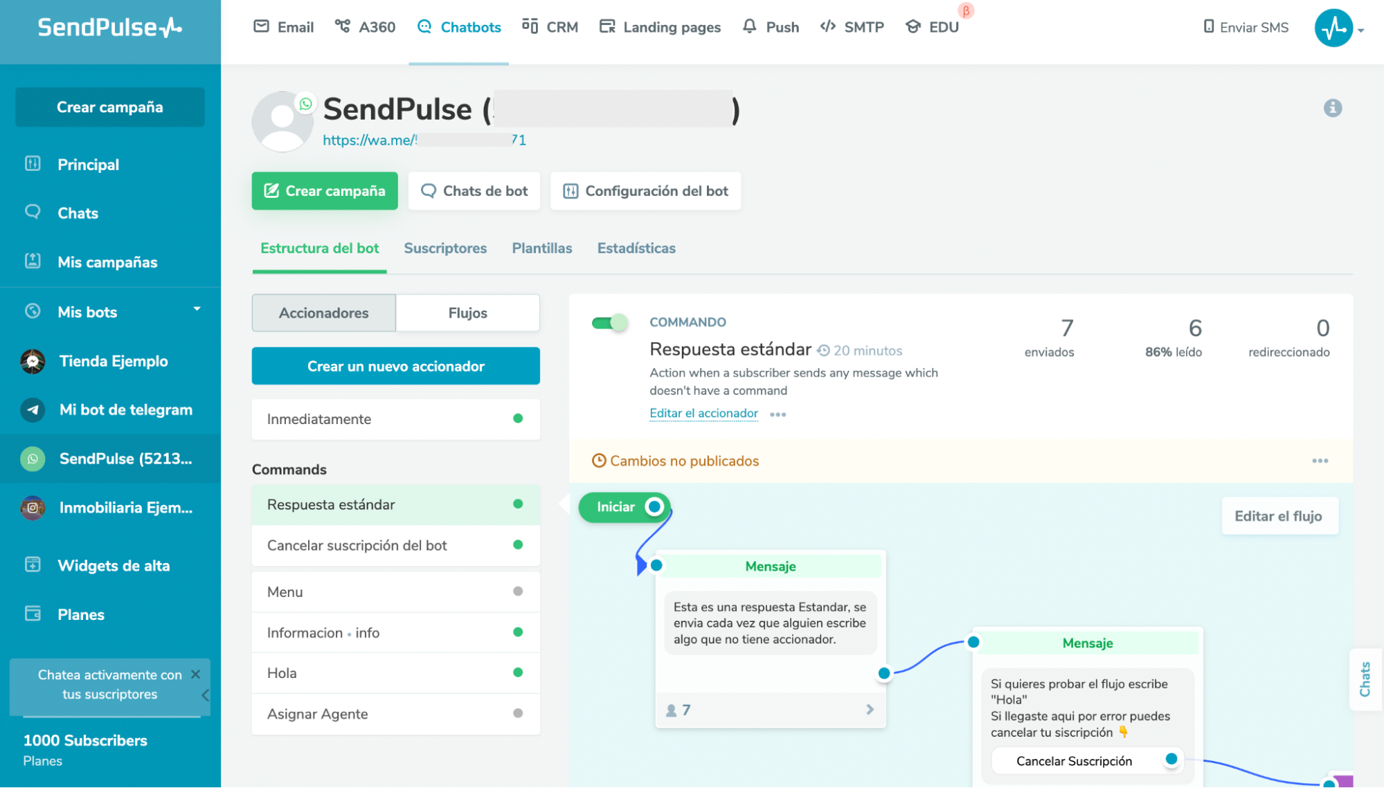 SendPulse ofrece un editor visual para construir chatbots para WhatsApp
