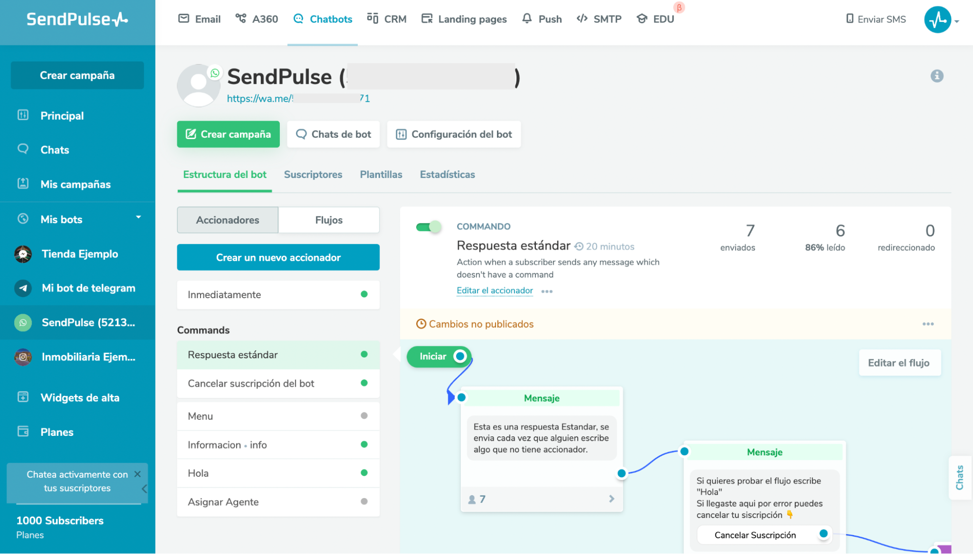 SendPulse ofrece un editor visual para construir chatbots para WhatsApp SendPulse ofrece un editor visual para construir chatbots para WhatsApp