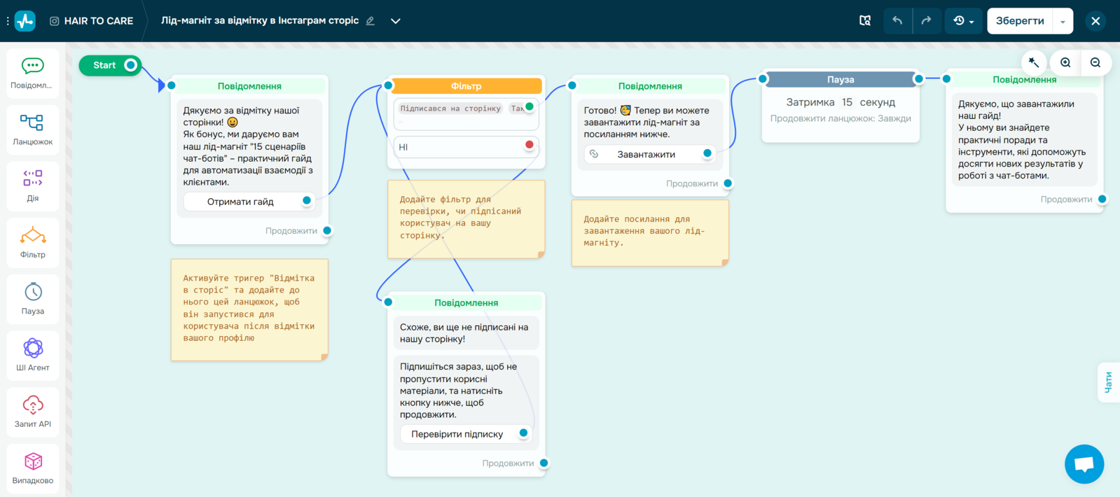 Приклад, як можна налаштувати вітальний ланцюжок чат-бота