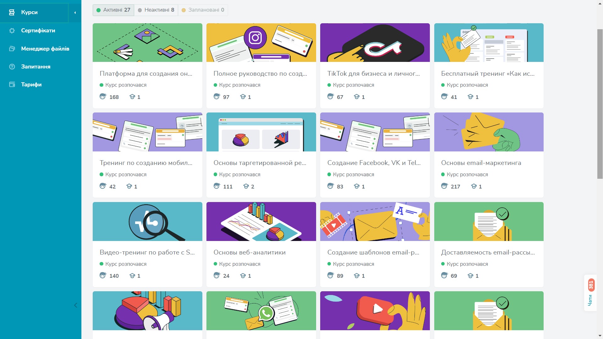 Загальний вигляд курсів із прев’ю в кабінеті викладача