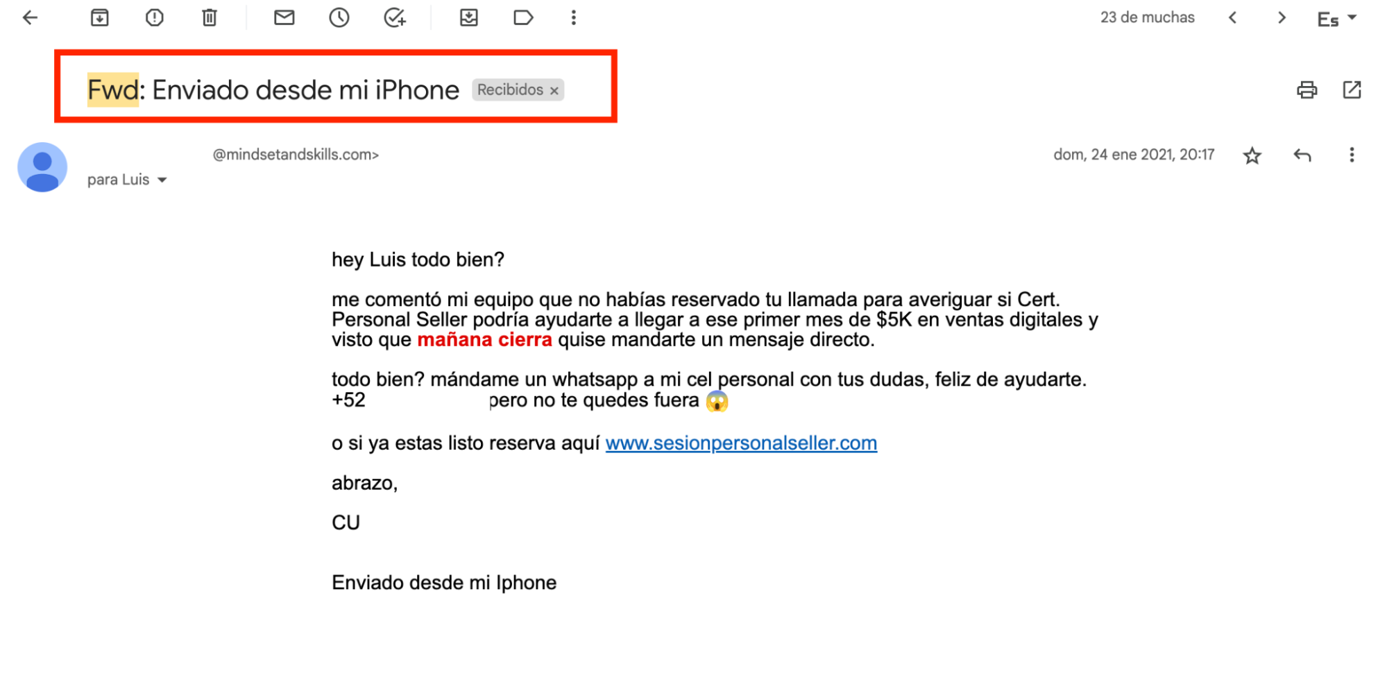 Ejemplo de mailing con asunto natural y orgánico Ejemplo de mailing con asunto natural y orgánico