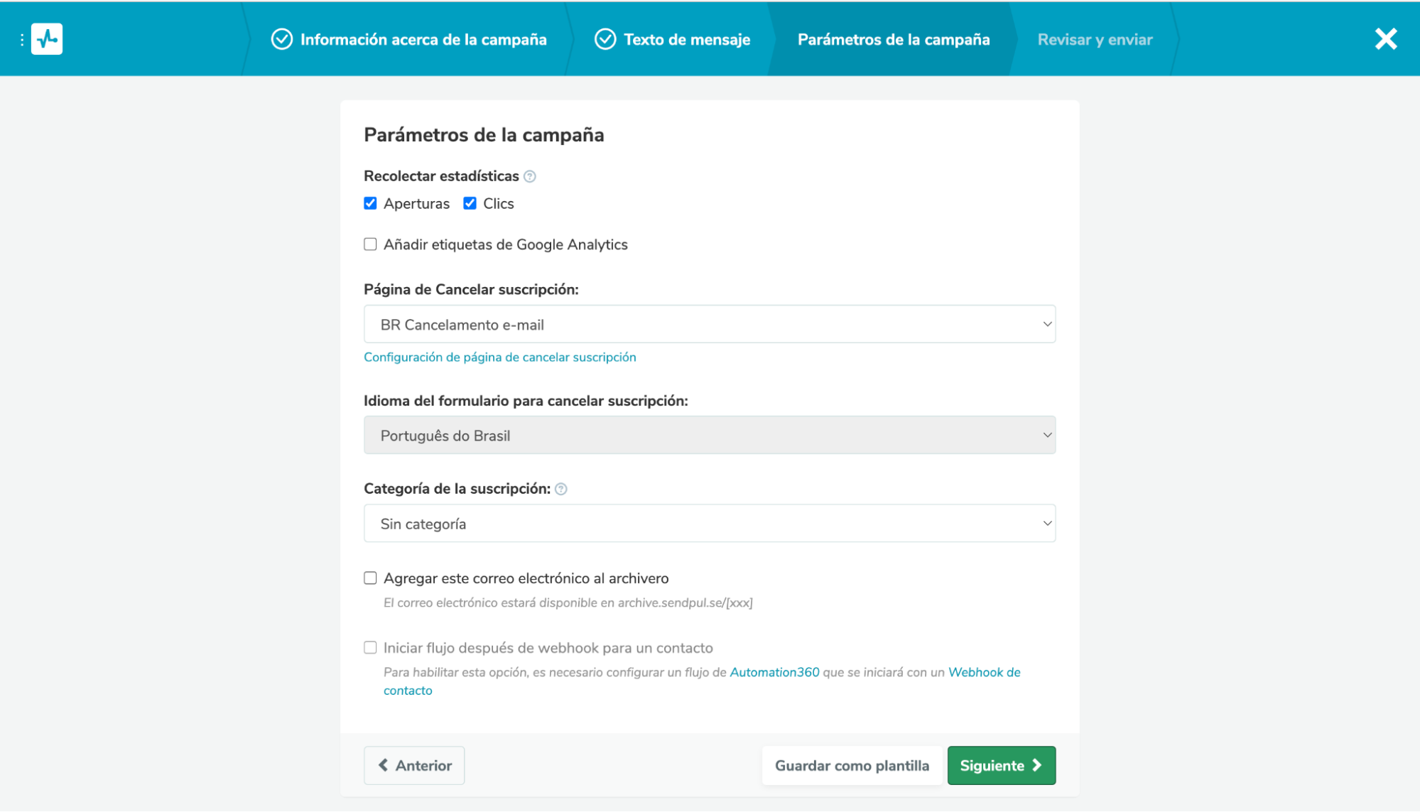 Parámetros de una campaña de mailing con SendPulse Parámetros de una campaña de mailing con SendPulse