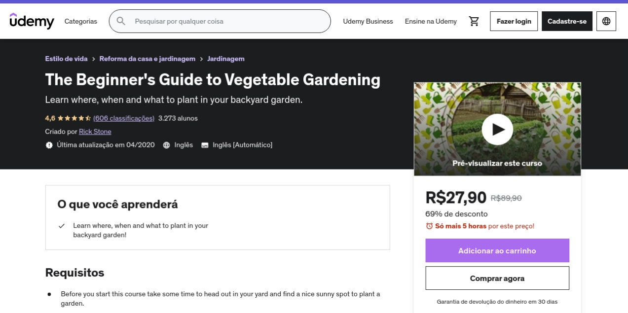A landing page do curso online Vegetable Gardening