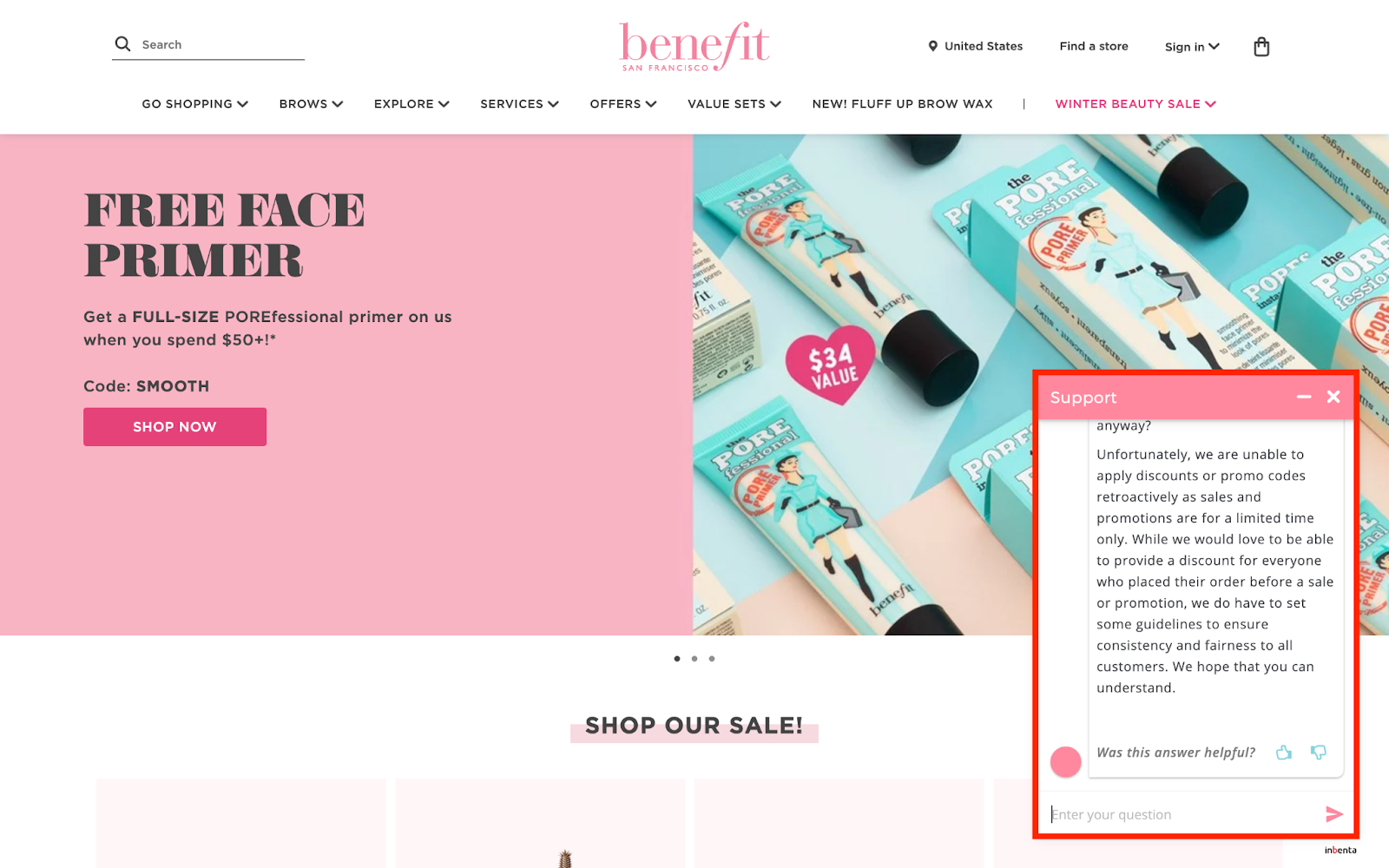 Benefit es un ejemplo de chatbot en página web muy efectivo Benefit es un ejemplo de chatbot en página web muy efectivo
