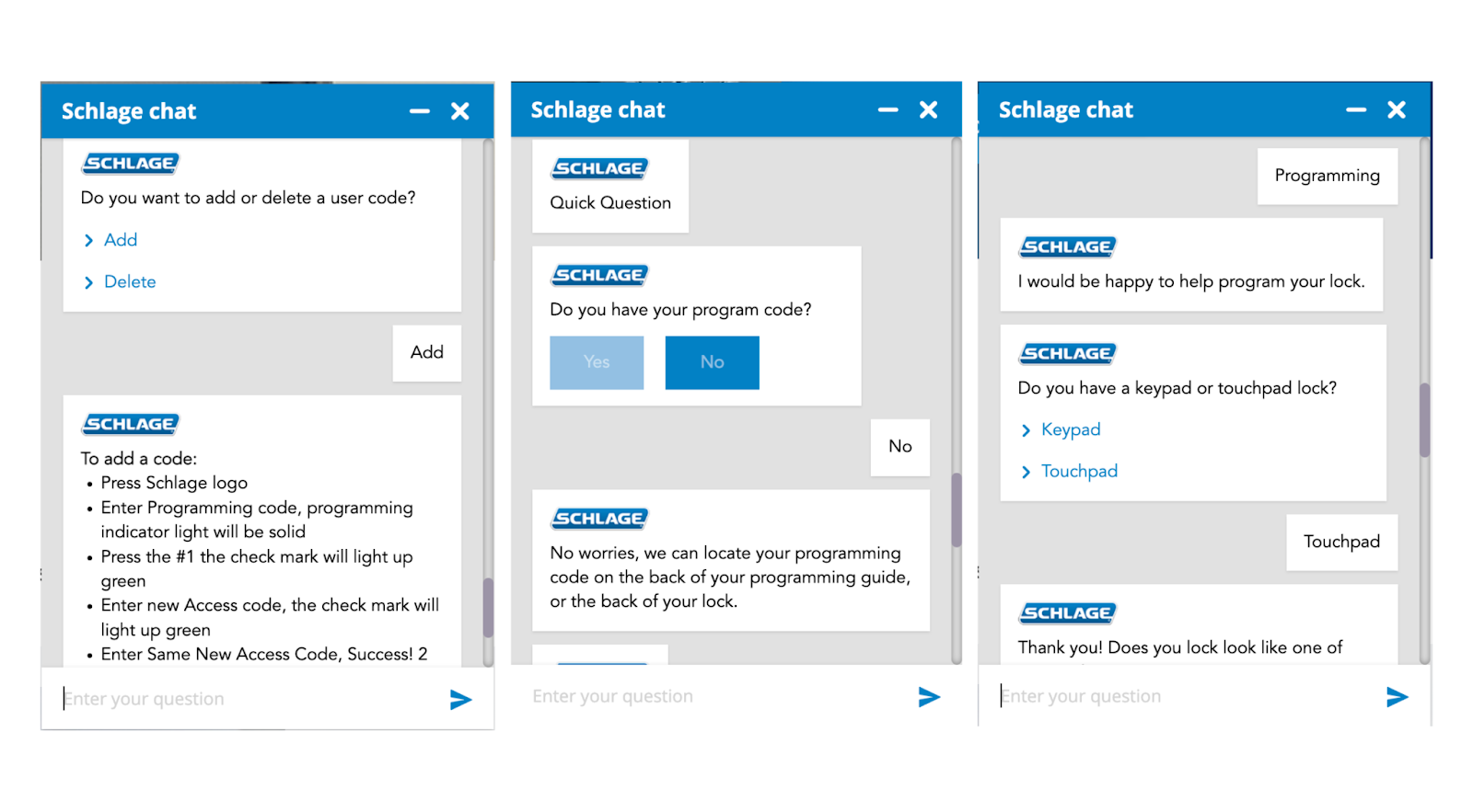 Ejemplo de una conversación con el chatbot de Schlage Ejemplo de una conversación con el chatbot de Schlage