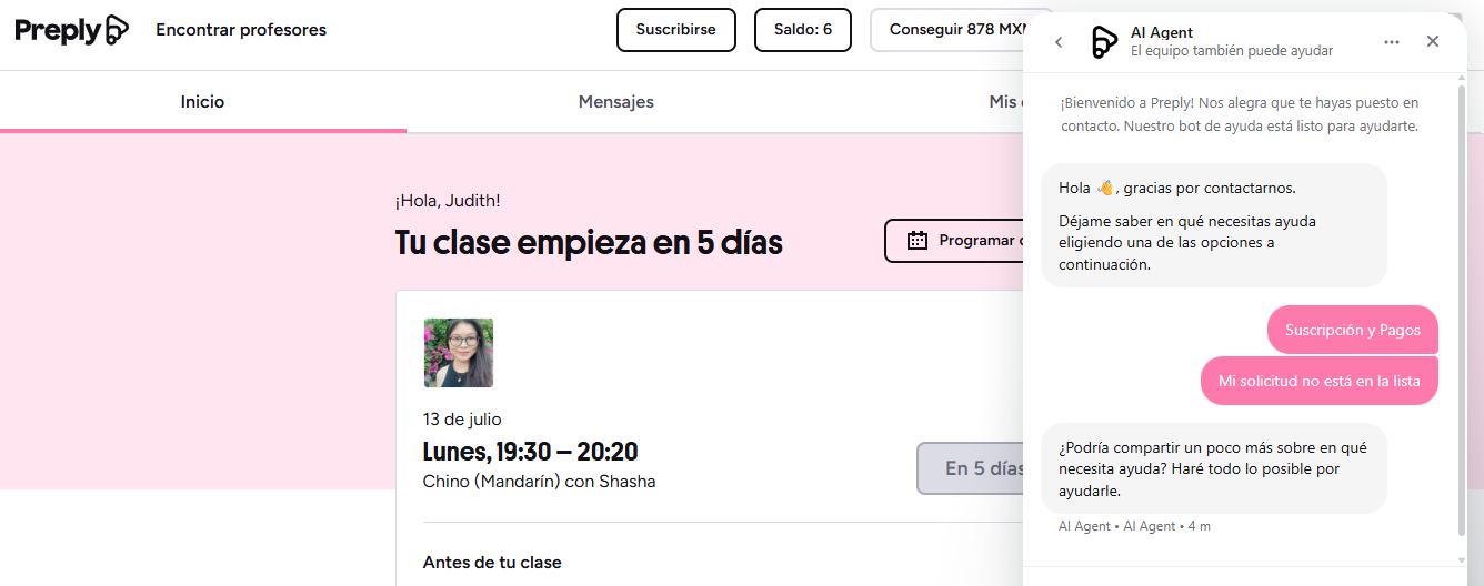 Preply cuenta con su propio chatbot para resolver preguntas frecuentes de sus estudiantes
