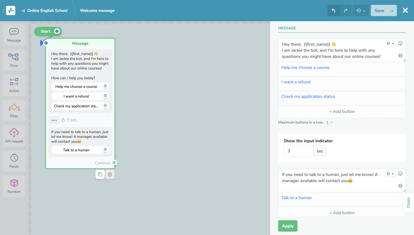 Para hacer un chatbot educativo debes añadir un mensaje de bienvenida