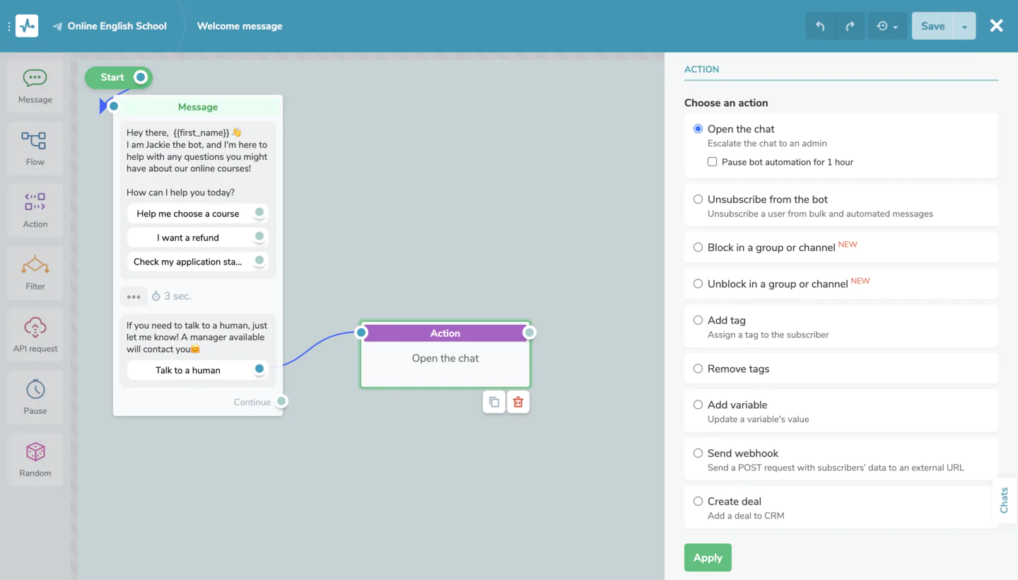 Añadir la acción de elemento es un paso importante para hacer un chatbot exitoso