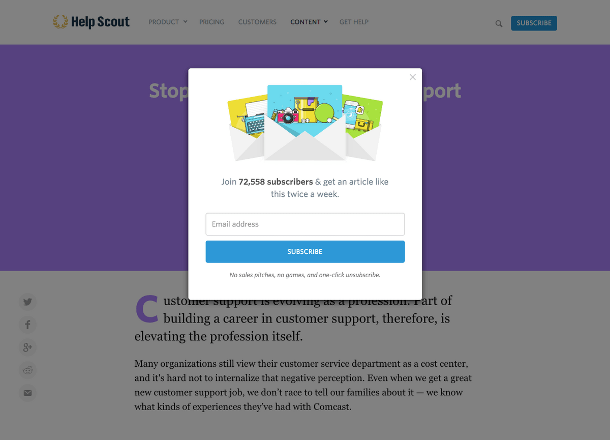 Help Scout — newsletter subscription pop-up