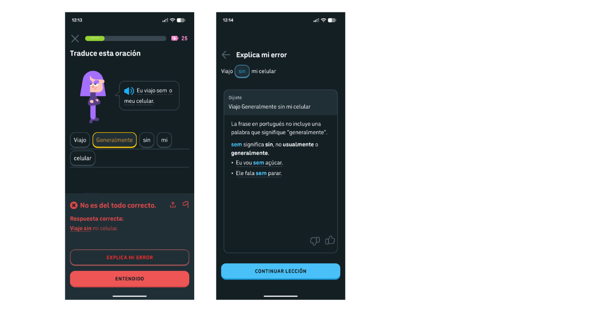 Chatbot de Duolingo ayudando a los estudiantes a mejorar su proceso de aprendizaje