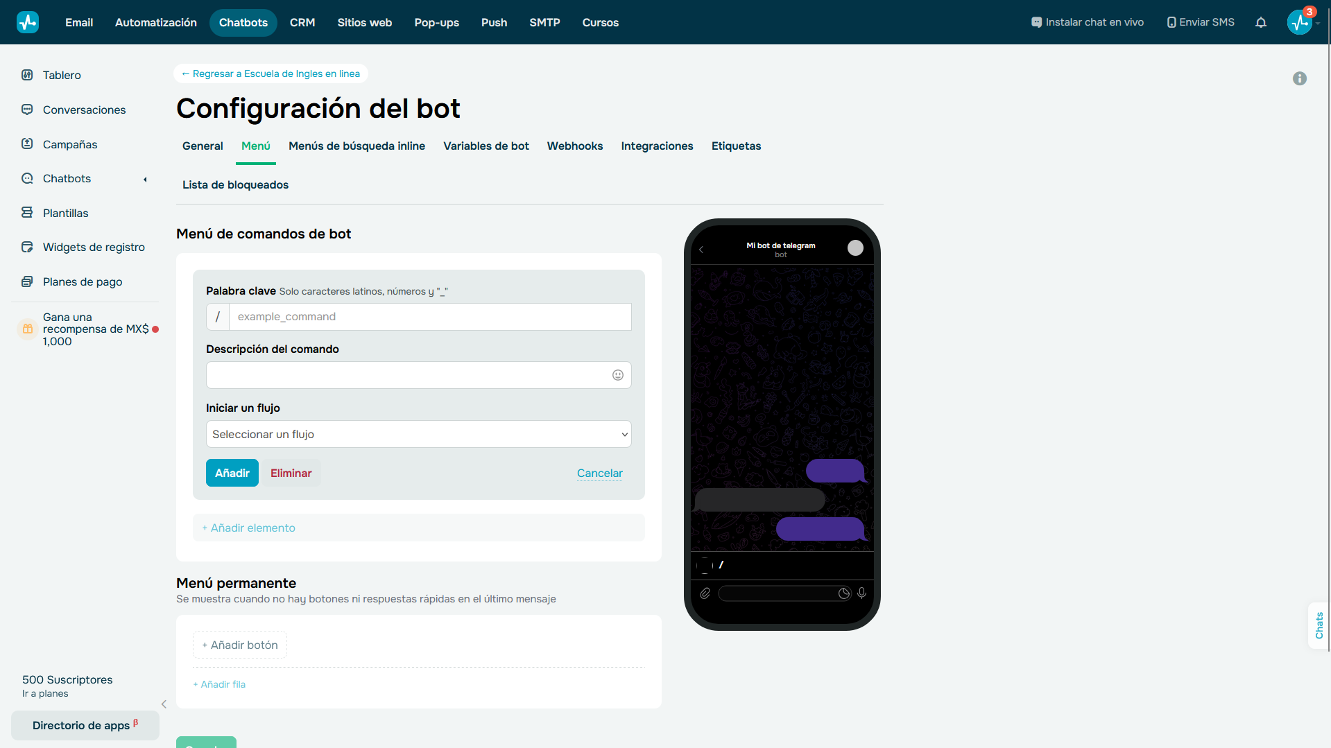 Configuración del chatbot de Telegram de SendPulse