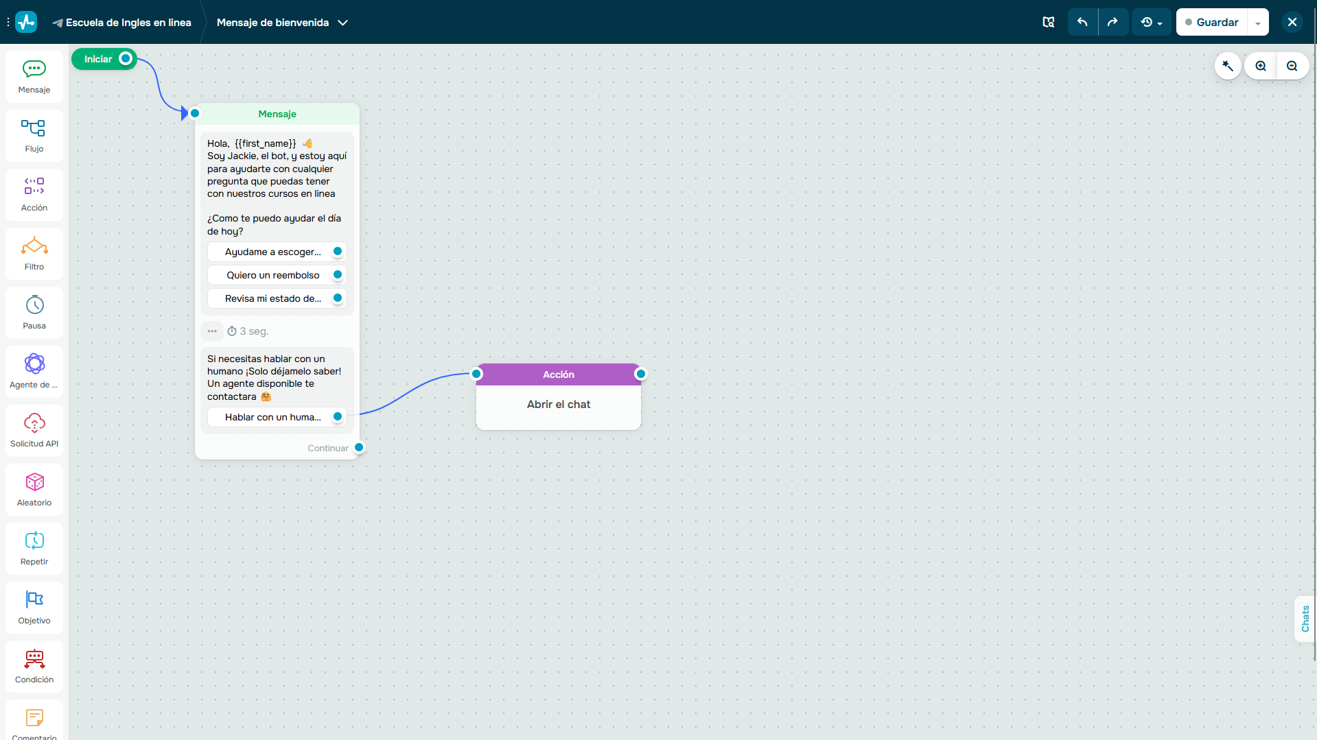 Editor de arrastar y soltar de chatbot de SendPulse