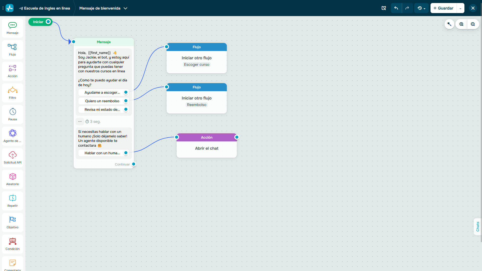 Flujo de conversación de chatbot educativo de SendPulse