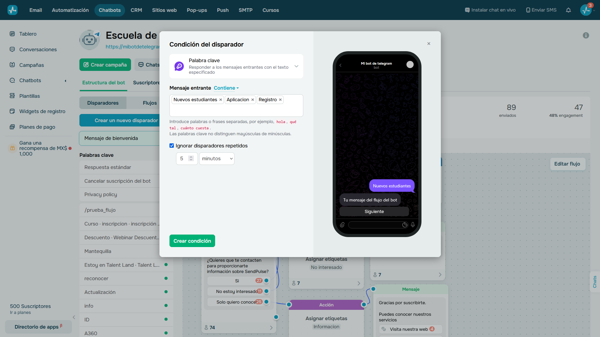 Disparador en chatbot de SendPulse
