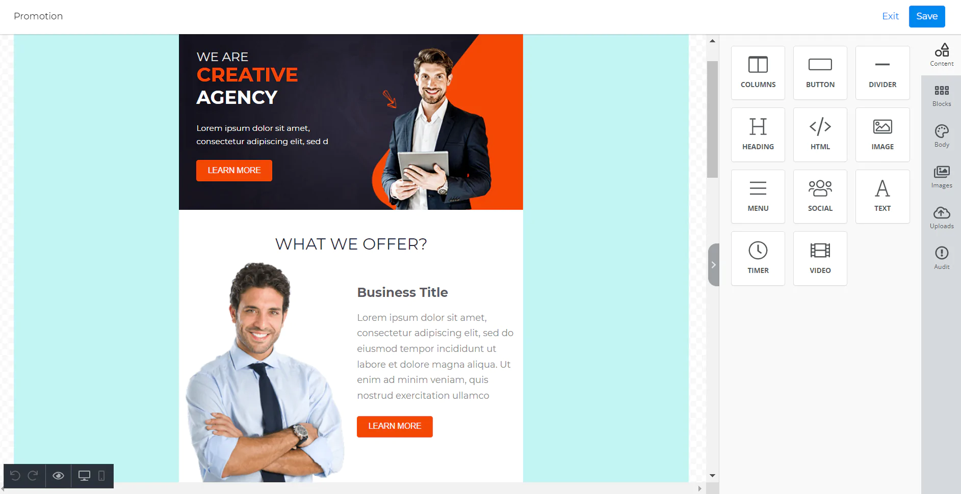 La interfaz de Unlayer es excelente para editar plantillas de email
