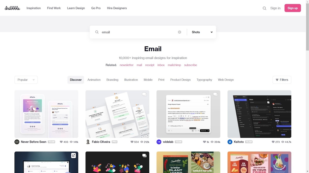 Пошук дизайну розсилок на сайті Dribbble