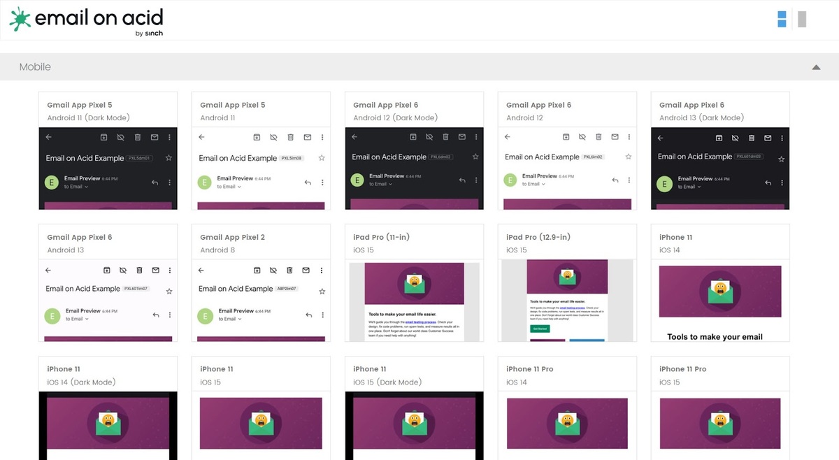 Прев’ю листів у сервісі Email on Acid