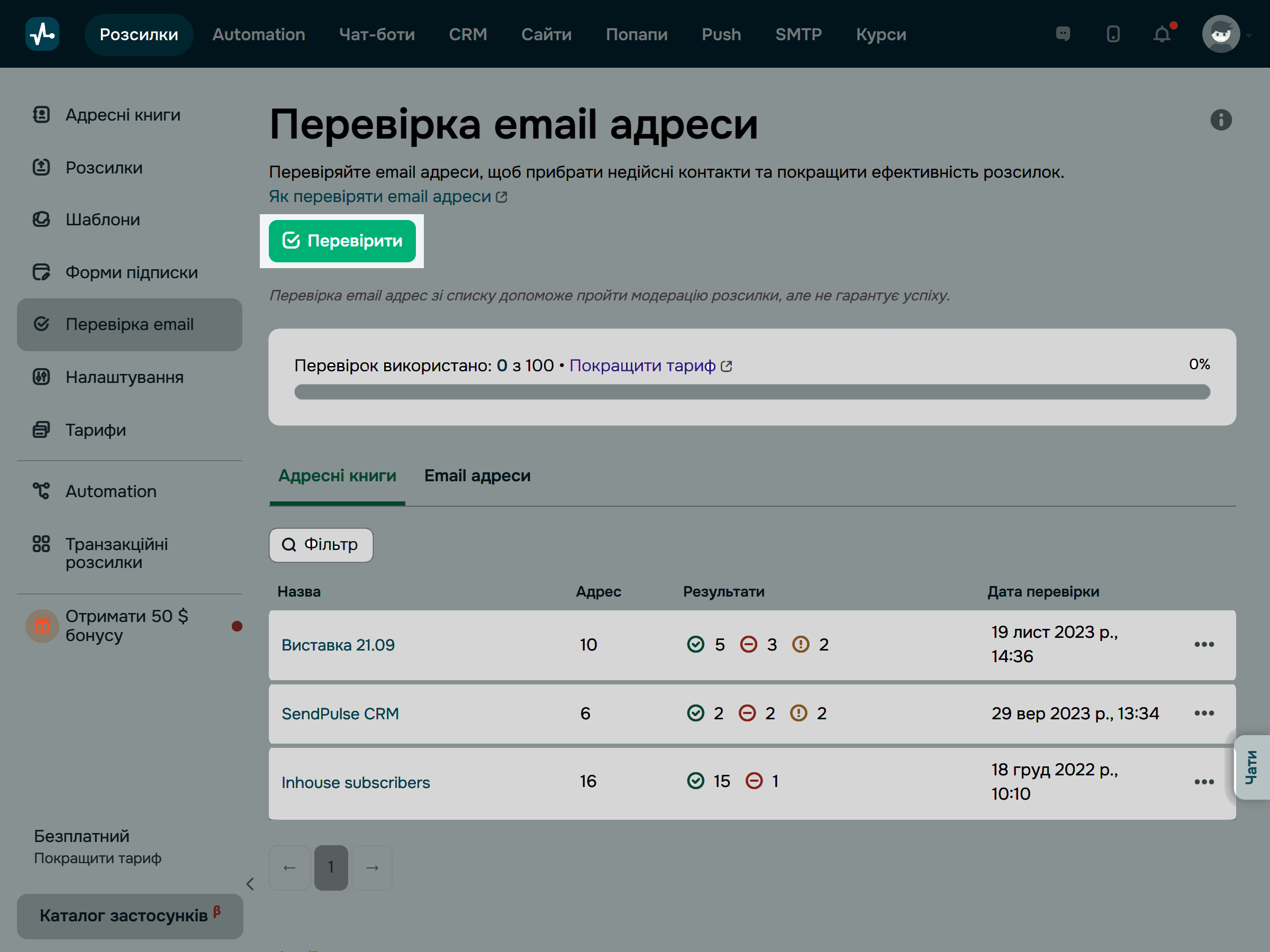 Перевірка email в SendPulse