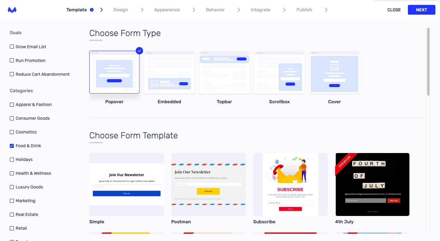 pop-up editor and template library pop-up editor and template library