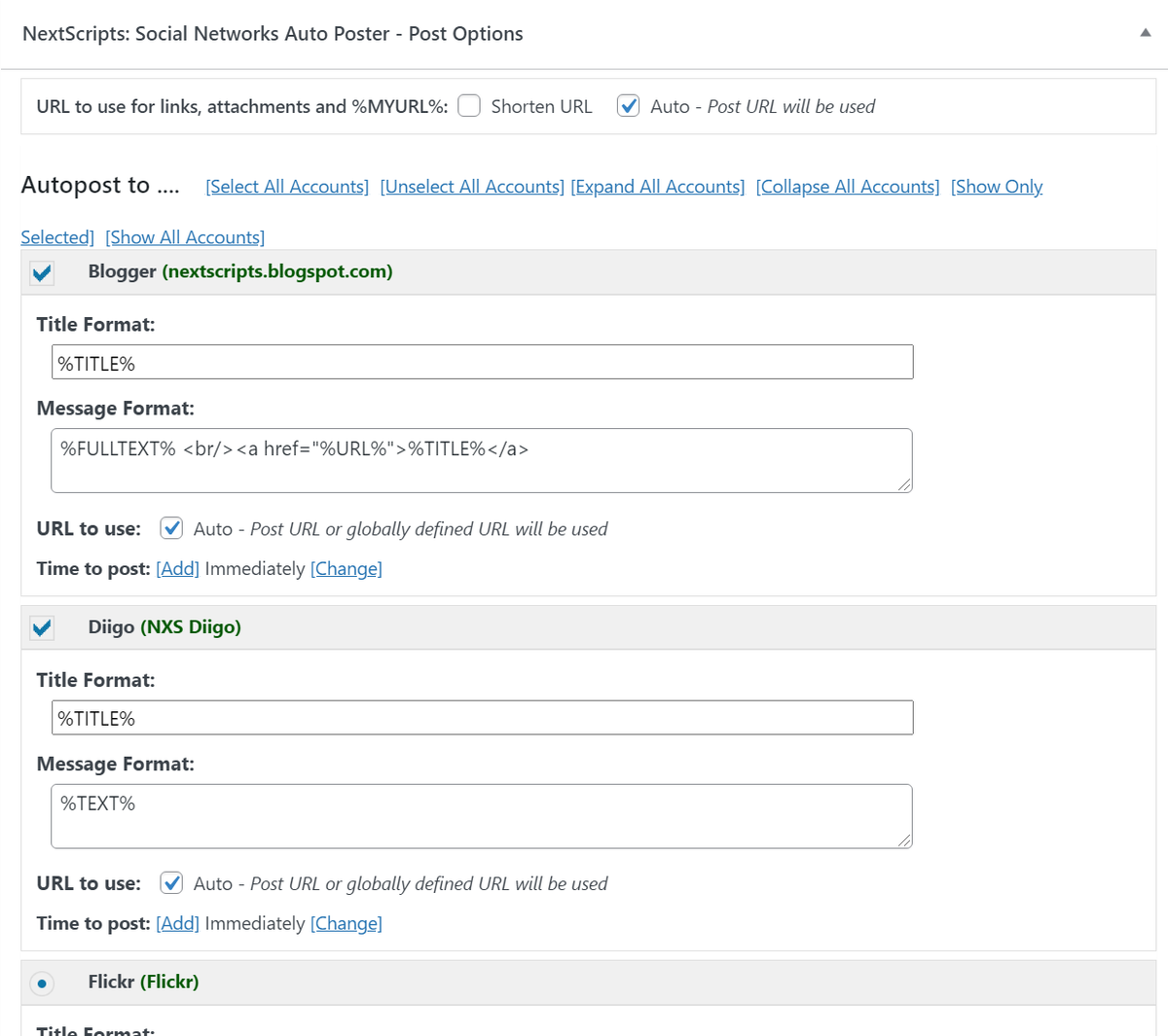 Social Networks Auto-Poster: налаштування сторінки
