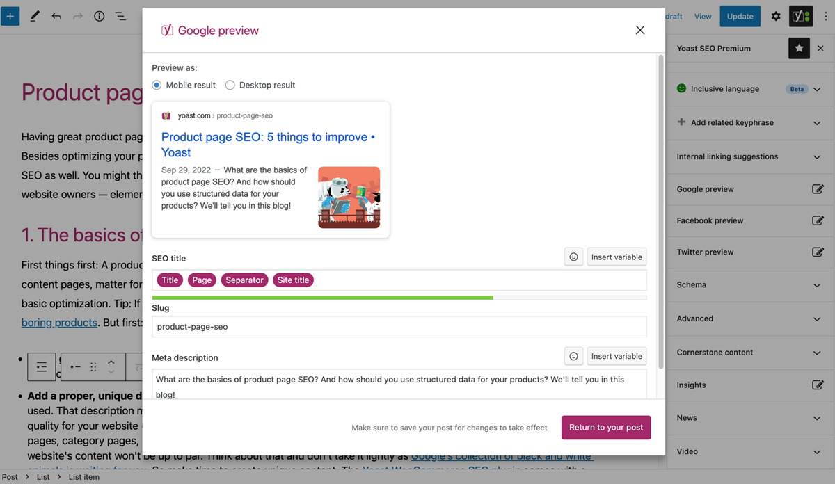Плагін показує, як виглядатиме сторінка в пошуковій мережі