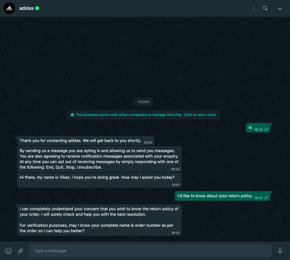 Démarrer une conversation avec l'assistant Adidas sur WhatsApp Démarrer une conversation avec l'assistant Adidas sur WhatsApp