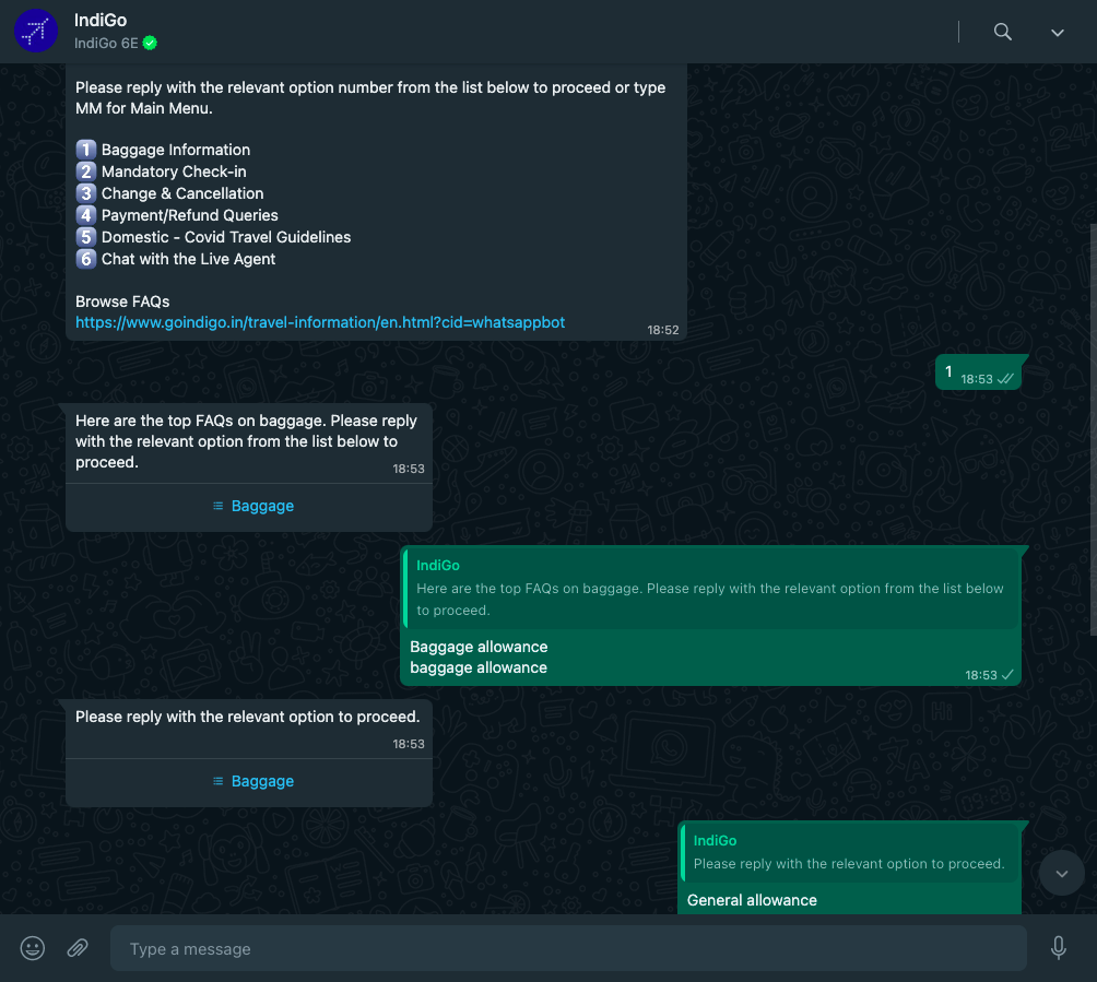 Vérification de la franchise de bagages à l'aide du service IndiGo WhatsApp Vérification de la franchise de bagages à l'aide du service IndiGo WhatsApp