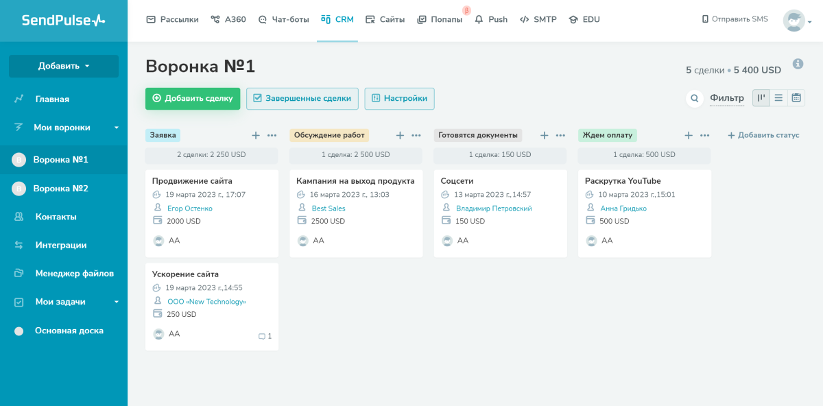 Воронка продаж в SendPulse CRM