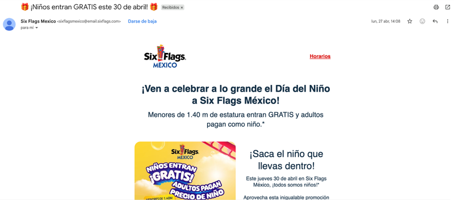 Email marketing de promo del Día del Niño de Six Flags México