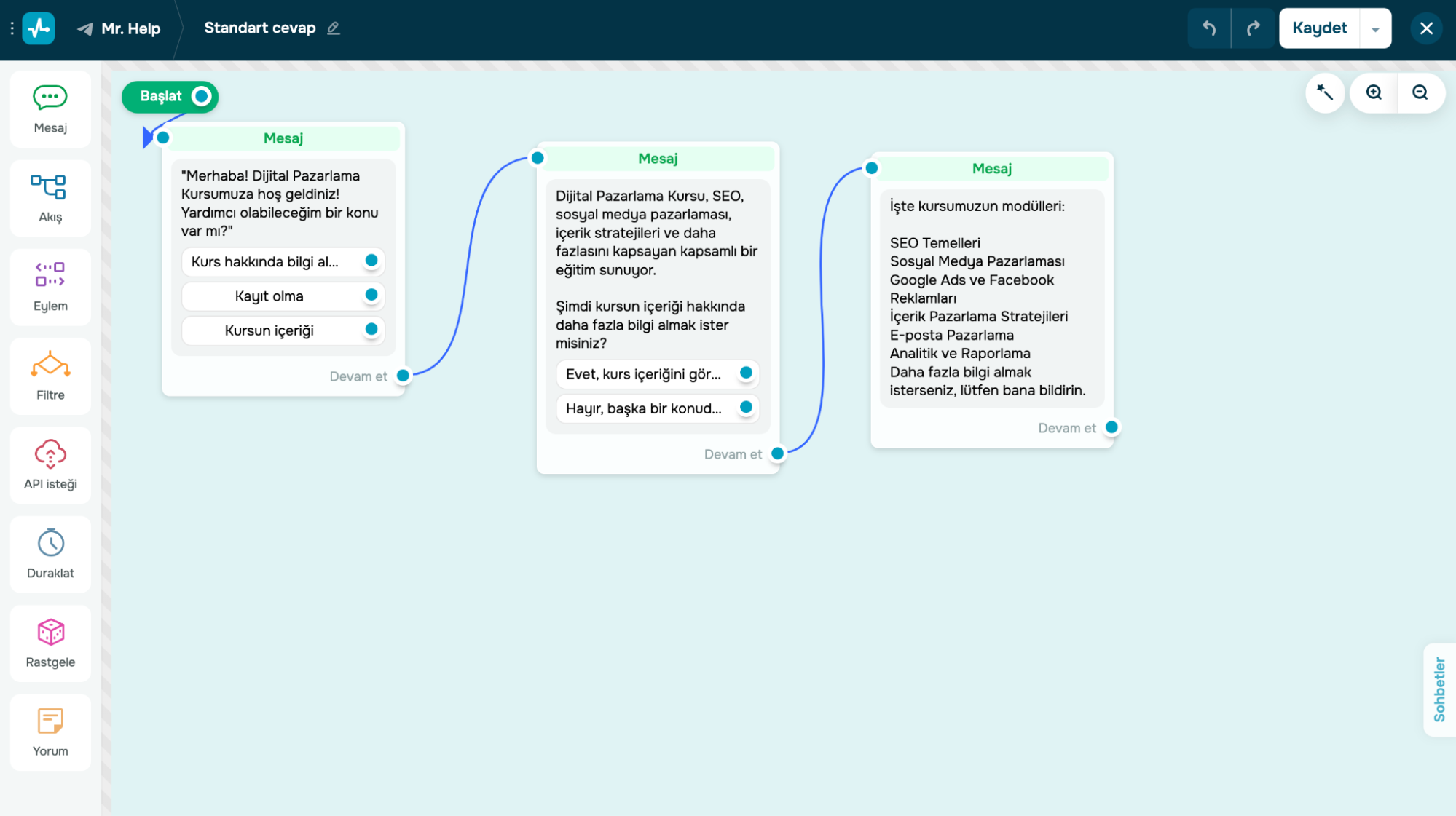 SendPulse AI sohbet botu oluşturucu ile oluşturulmuş bir akış örneği