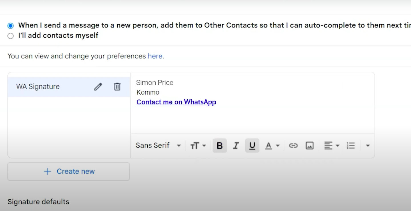 WhatsApp link in the email signature WhatsApp link in the email signature