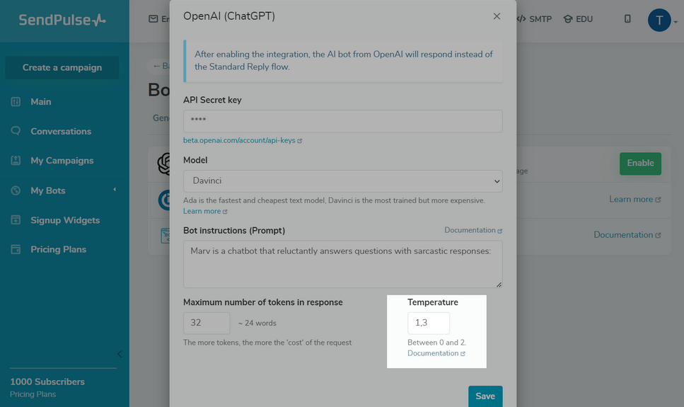 La temperatura también es otra configuración fundamental de Chat GPT