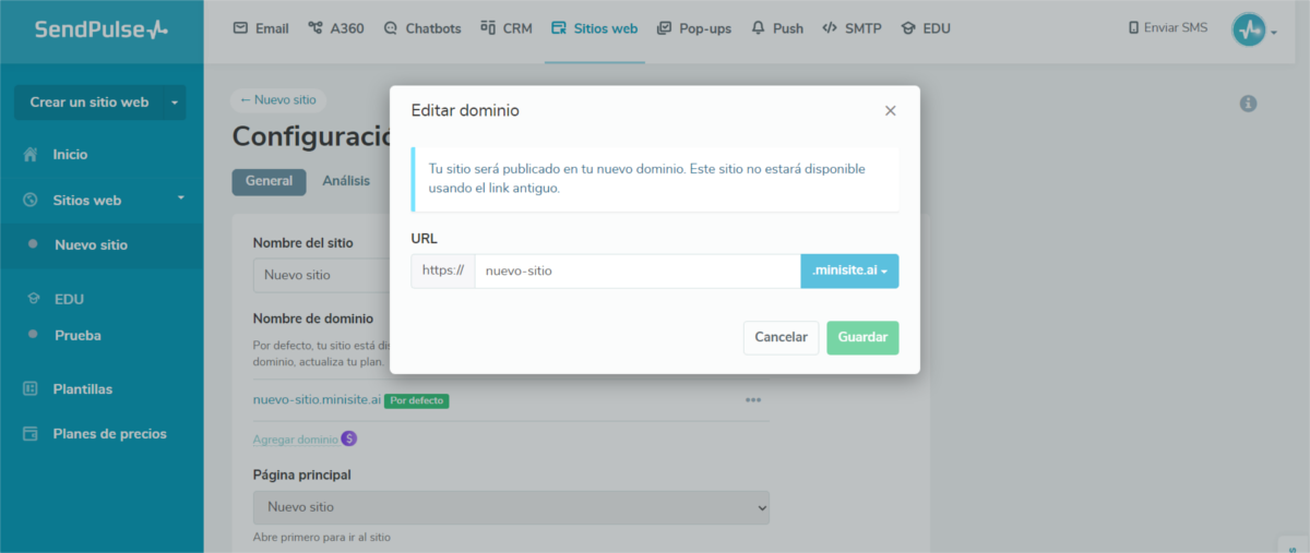 Con SendPulse puedes conectar tu sitio web a un dominio externo o editar el que ya tienes