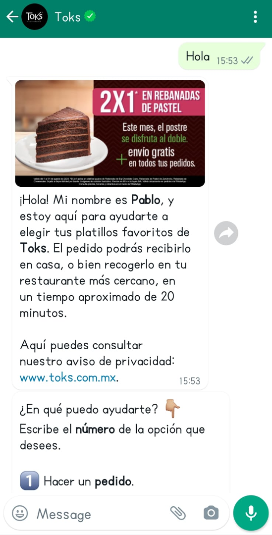 Toks ofrece una gran opción de atención por WhatsApp