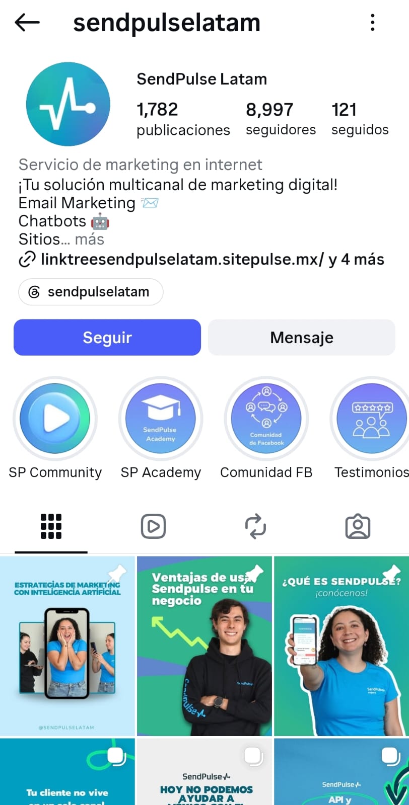 Perfil de Instagram de SendPulse Latam