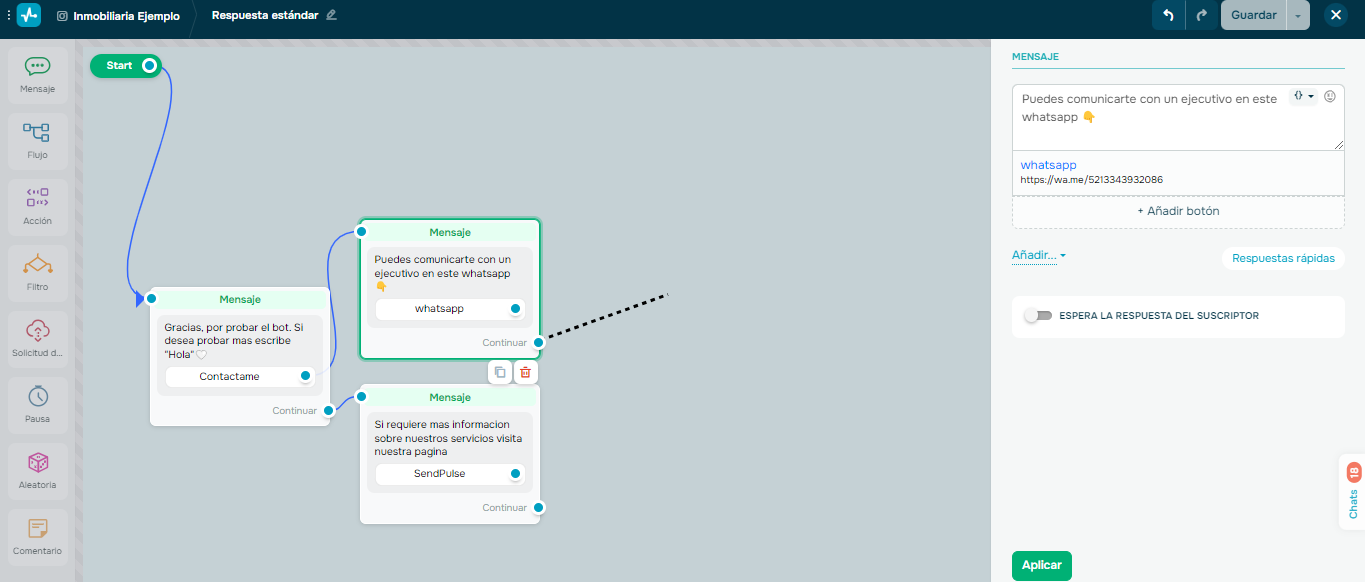 Editor de arrrastar y soltar de SendPulse para chatbot de Instagram