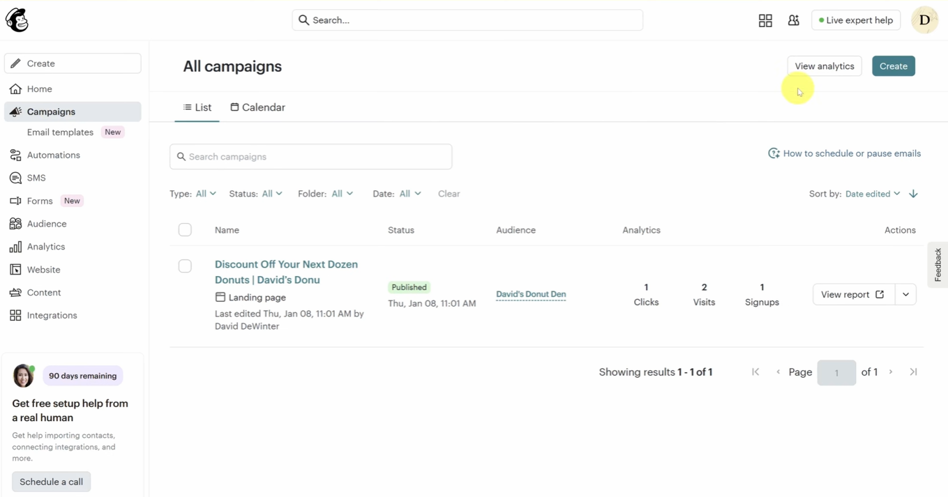 Interfaz mostrando campañas para la segmentación de audiencia en Mailchimp