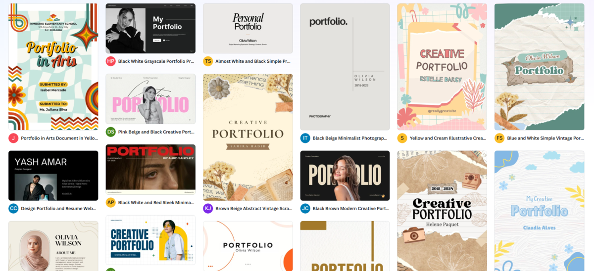 Вибір шаблонів для портфоліо в Canva