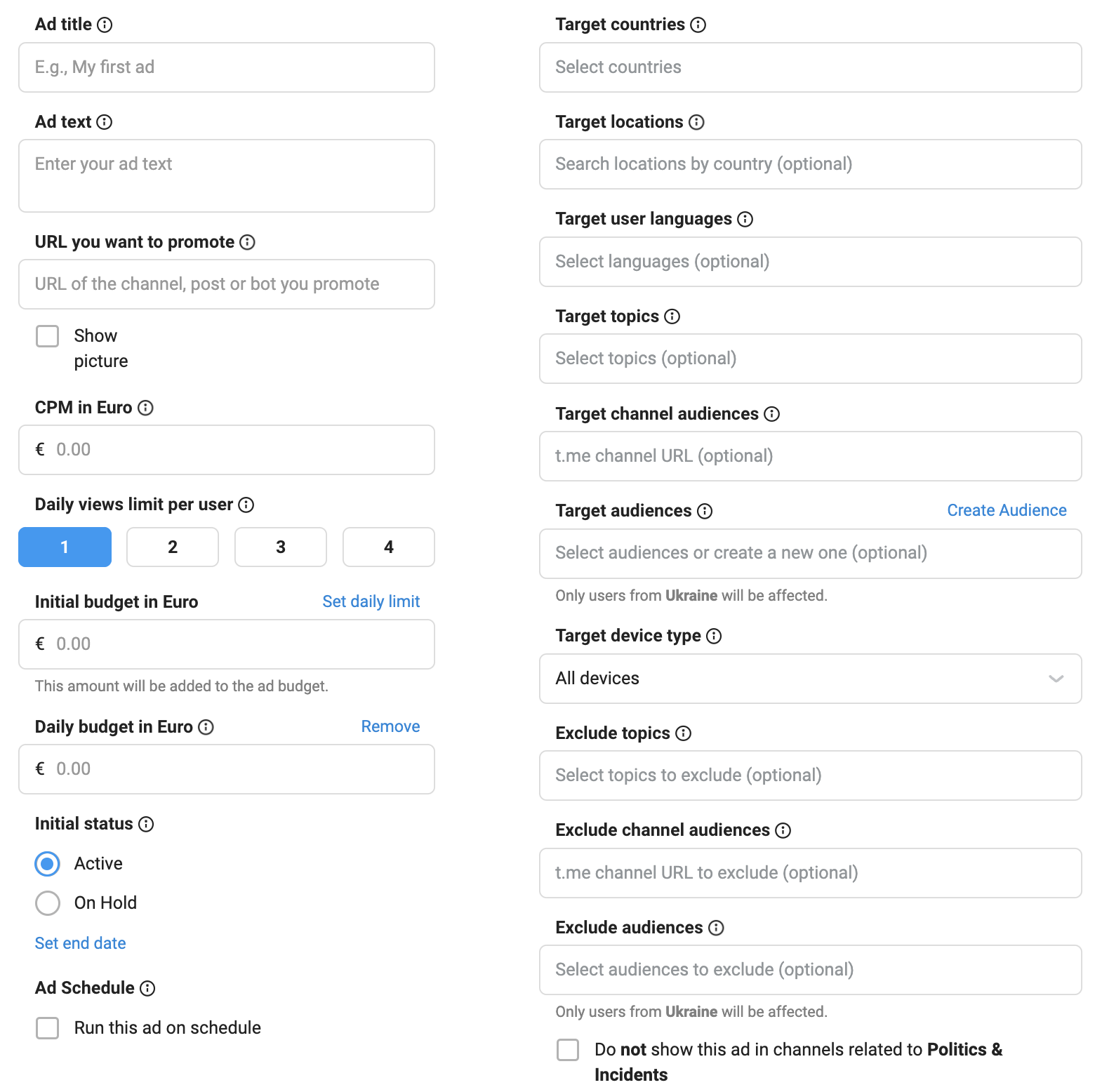 Процесс настройки аудиторий в новом объявлении Telegram Ads Процесс настройки аудиторий в новом объявлении Telegram Ads