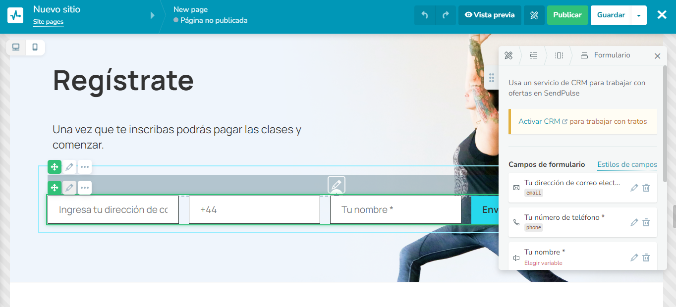El creador de sitios web de SendPulse te permite agregar herramientas de gran utilidad